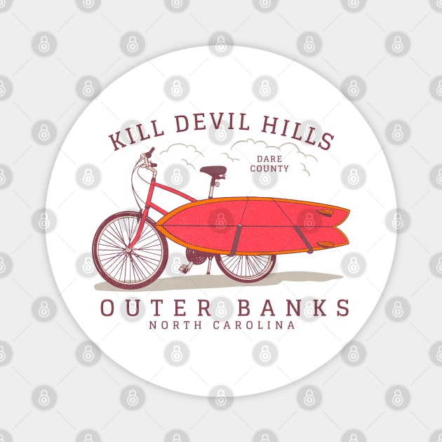 Kill Devil Hills, NC Summer Vacation Bike and Surfboard Magnet by Contentarama